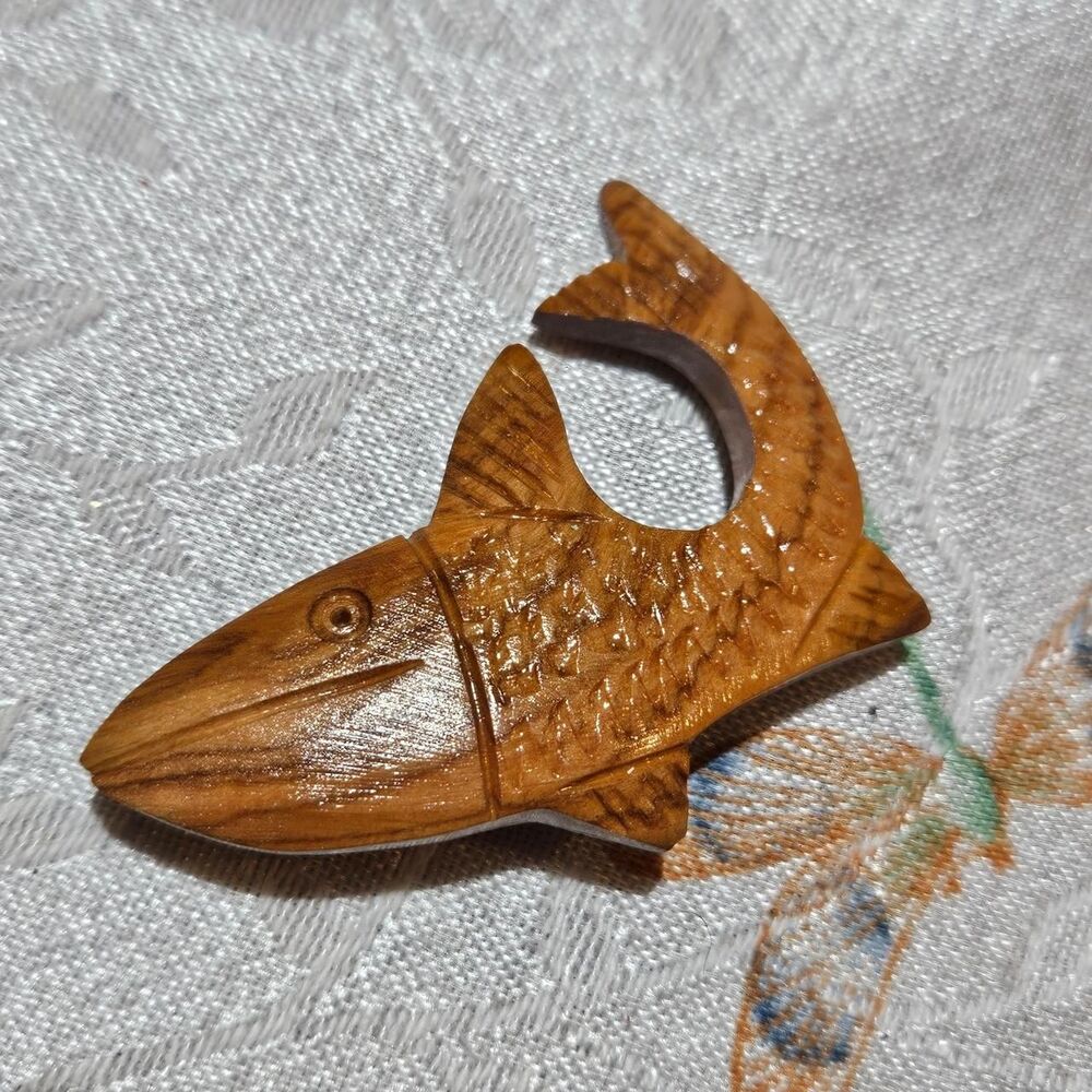 vintage granola cottagecore carved fish wooden brooch